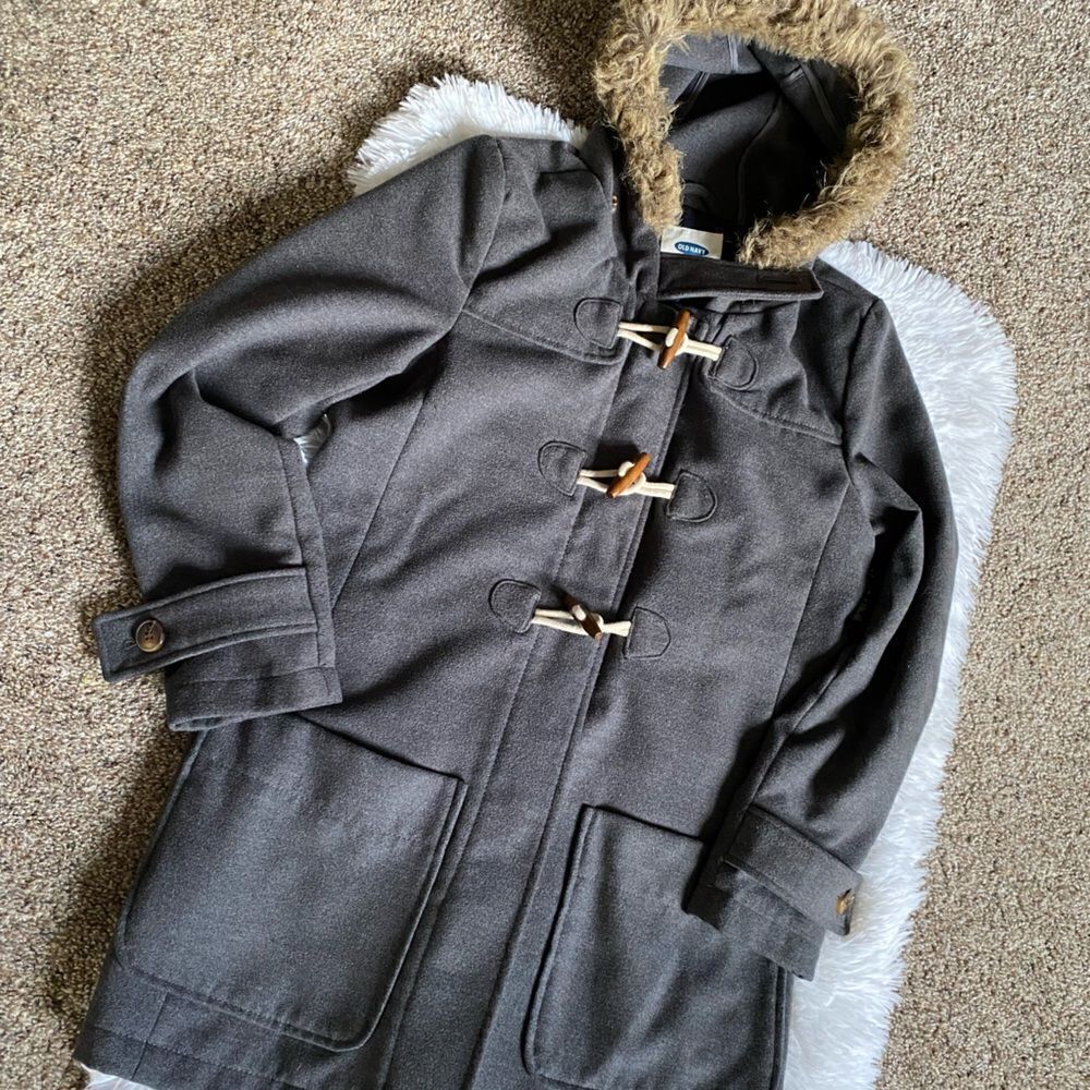 Old Navy Toggle Winter Coat Faux Fur Hooded Gray Size Small‎